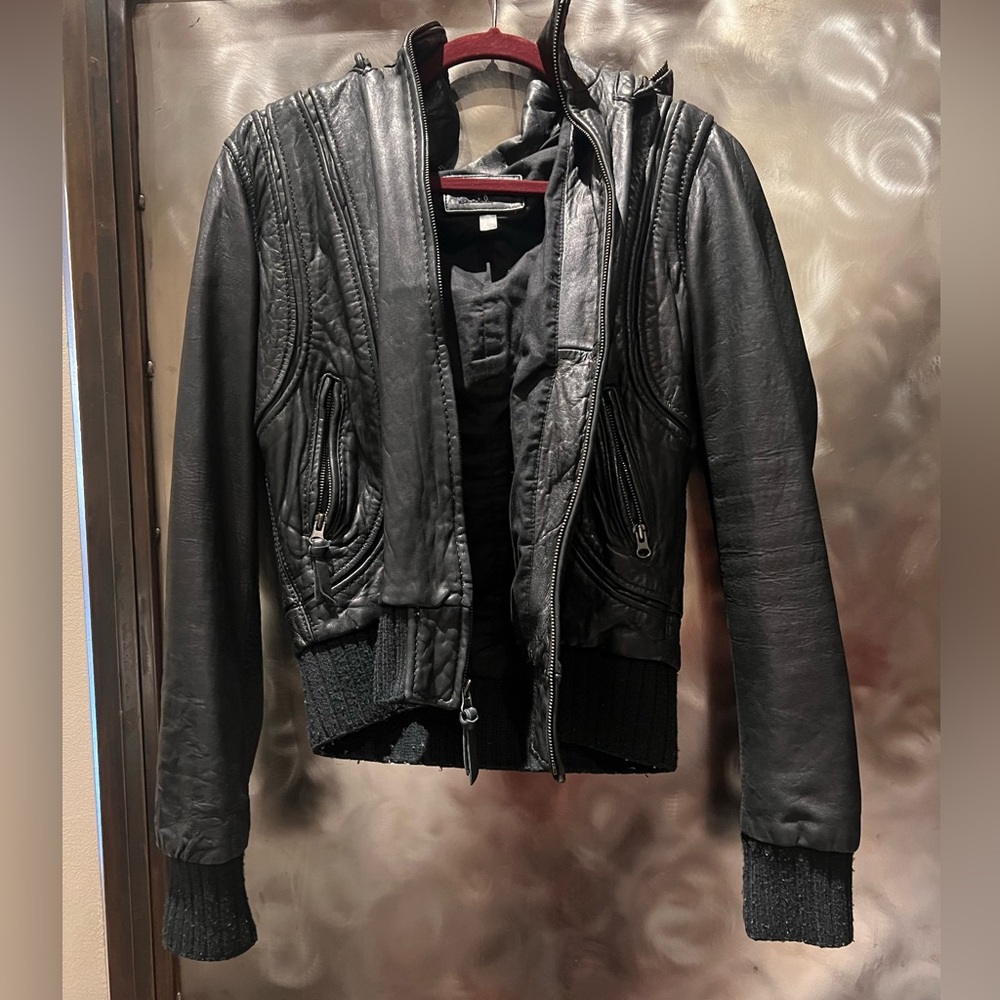 Aqua Genuine Leather Jacket Sz M With Removable Hood